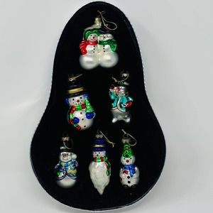 Set Of 6 Vintage Blown Glass Christmas Snowmen Ornaments In Gift Box
